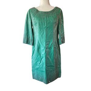 Vintage 1960's Silk Sheath Dress Emerald Green Space Age Beaded Retro Dress Sate